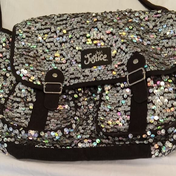 Justice Black and Silver Crossbody Bag. Sparkle, Sequins, School - Picture 2 of 8